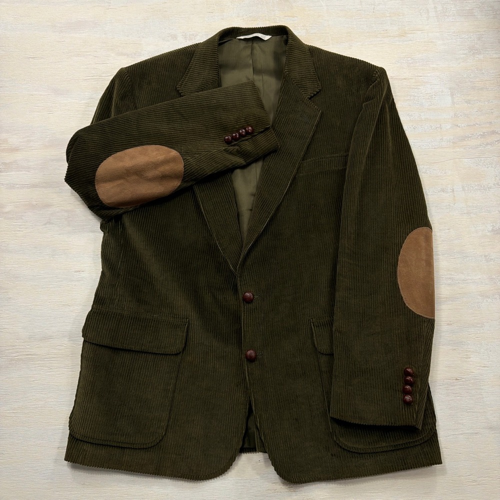 Vintage Lands' End Sport Coat 46L Elbow Patches Corduroy Blazer Green Mens